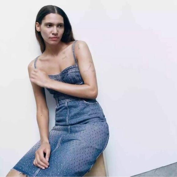 ZARA STUDDED DENIM BUSTIER DRESS - Picture 5 of 10